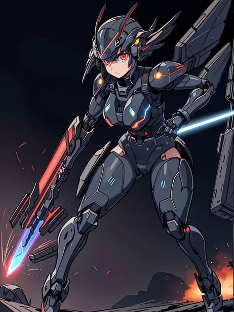 1girl,<lora:AC6:0.5>,ac6,solo,android,mecha,mecha musume,one eye,glowing eye,mechanical arms,black gloves,huge airplane wings,glowing sword,(((energy sword))),holding,holding weapon,holding sword,looking at viewer,military,science fiction,solo,weapon,fight...