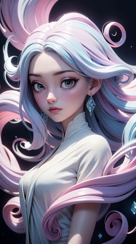 Abstract style hauntingly ethereal portrait of a mysterious figure draped in translucent fabric, crystals adorning their hair, amidst a dreamlike swirl of pastel hues and soft light, evoking a sense of calm serenity and elusive beauty, high detail, award w...