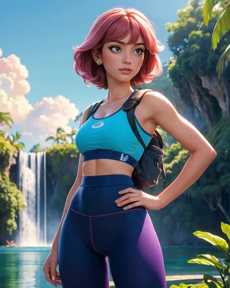 woman,((masterpiece, best quality,photorealistic))  (cover-style:1.3), sports bra, yoga pants, bob hair, front, glamorous, professional model,  standing, blush, solo, outdoors, bangs, tropical pond, jungle, trees, waterfall blue sky, cloudy sky, vines