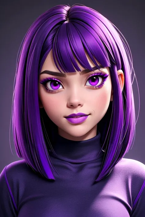 goth girl [Chloe Grace Moretz|Jenna Ortega|person], goth, ((straight bobbed hair with bangs)), bright purple hair, (purple eye shadow:1.2), dark grey eyes, (purple turtleneck t-shirt, dark purple jeans) smirking clapping slowly, extremely detailed backgrou...