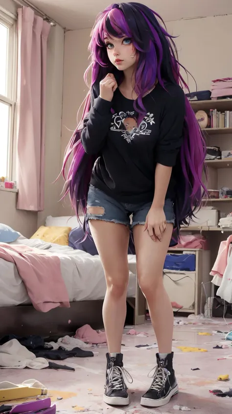 araffe girl with purple hair and black shoes standing in a messy room