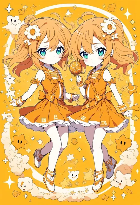 two anime girls in yellow dresses with stars and clouds