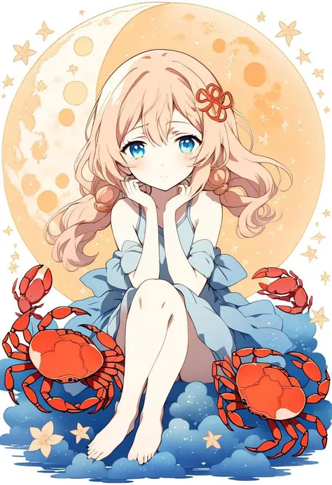 image embodying the zodiac sign Cancer in an anime girl interpretation. Envision a character that radiates sensitivity, intuition, and nurturing qualities. Utilize a soft and soothing color palette inspired by the moonlit ocean and incorporate subtle zodia...