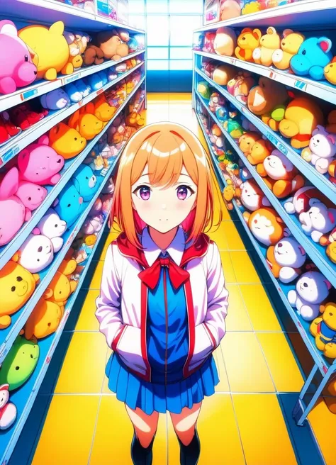 (masterpiece, best quality), (colorful:1.2), from above, solo, 1girl, anime, standing in a store with lots of stuffed animals on the shelves, depth of field, fisheye lens, (facing front:1.2)