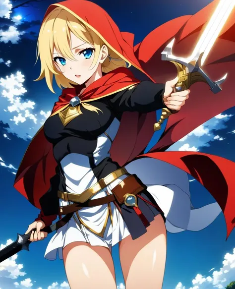 anime, 1girl, weapon, blue eyes, sword, navel, blonde hair, small breasts, holding, long hair, looking at viewer, holding weapon, holding sword, armor, earrings, jewelry, midriff, outdoors, shoulder armor, cape, sky, skirt, white skirt, shirt, black cape, ...