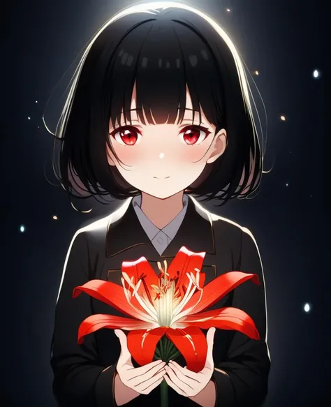 face focus, cute, masterpiece, best quality, 1girl holding lycoris, black background, light particle, solo, black hair, red eyes, standing, pixiv, depth of field, cinematic compotision, best lighting, looking up