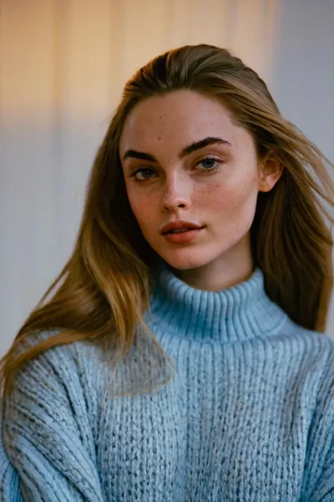 a close up of a woman with long hair wearing a blue sweater