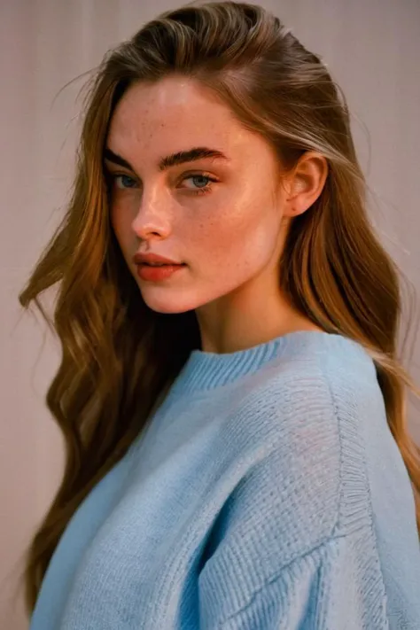 a woman with long hair wearing a blue sweater and a white background