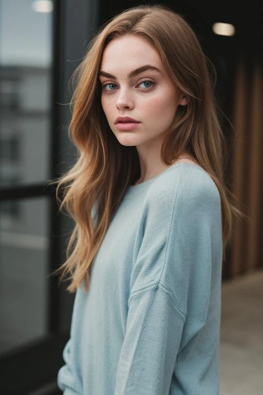 RAW Photo, DSLR BREAK
lan1lynn BREAK
half body portrait of a young 20yo woman, long hair, wearing an oversized light blue sweater BREAK
studio background, professional colorgraded