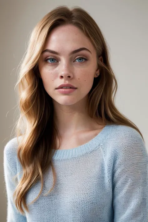 portrait photo of lan1lynn in a oversized (light blue sweater:1.1), (long hair), posing for a picture, epicRealism, for cosmopolitan,  realistic skin texture, softcore, warm lighting, simple background, magazine cover style