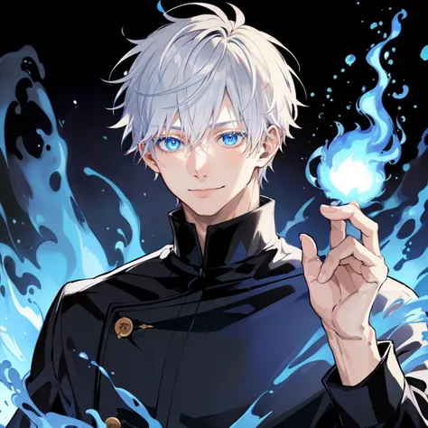 (masterpiece, top quality, best quality, official art, beautiful and aesthetic:1.2), 1boy, blue eyes, satoru gojo, white hair, short hair, hair between eyes,blue eyes,colored eyelashes, smile, (ultra detailed eyes), (black shirt, long sleeves),  <lora:sato...