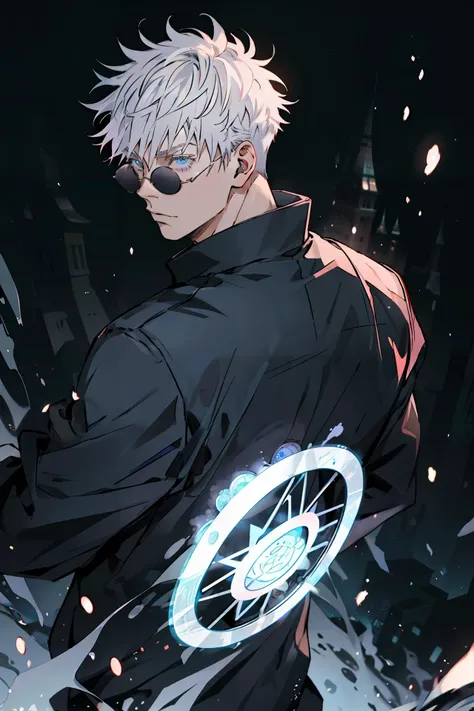 (masterpiece,best quality), 1boy, muscular, sunglasses,looking back, dark background, Jujutsu Kaisen , (action shot, flashlight,speed lines,magic circle, )  satoru gojo,white hair,short hair,hair between eyes,blue eyes,colored eyelashes, <lora:satorugojo:1...