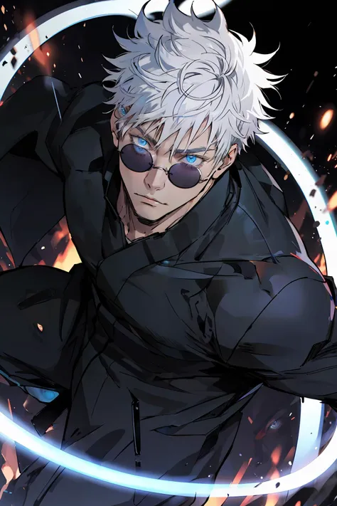 (masterpiece,best quality), 1boy, muscular, sunglasses, dark background, Jujutsu Kaisen , (action shot, speed lines,glowing circle,glowing lines, )  satoru gojo,white hair,short hair,hair between eyes,blue eyes,colored eyelashes, <lora:satorugojo:0.8>,