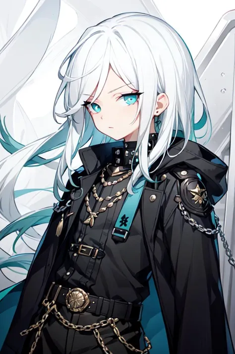 <lora:QuAn_V7:1>, ultra detailed, masterpiece, best quality, aesthetic, detailed,, solo, 1boy, teal eyes, <lora:Tsurime3:1>, (tsurime:1.2), parted bangs, white hair, medium hair, straight hair, shoulder-length hair, male focus,, coat, shirt, pants, studded...