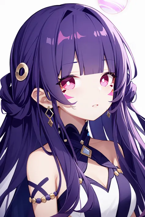 1girl, solo, long hair, bangs, parted bangs, pink hair, crescent, forehead mark, earrings, looking at viewer, jewelry, facial mark, hair ornament, dress, parted lips, bare shoulders, purple hair, orb, hair rings