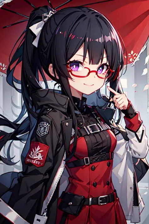 <lora:QuAn_V7:1> (red-framed eyewear:1.3),, ultra detailed, masterpiece, best quality, aesthetic, detailed,, solo, smug smile, 1girl, purple eyes, red-framed eyewear, (black hair, red colored tips:1.2), red streaked hair, very long hair, side ponytail, tie...