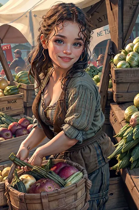 (vendor (grocer):1.3) <lora:RPGVendorGrocer:1> 1girl, solo, breasts, cleavage, looking at viewer, smile, outdoors, food, multiple boys, teeth, solo focus, mole, grin, blurry, fruit, blurry background, realistic:1.3, basket, vegetable, potato, onion, radish...