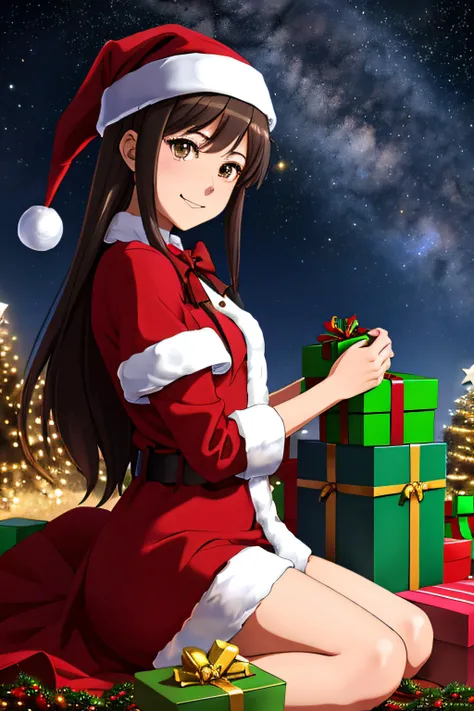 imagine a young woman, anime, opening a gift of a world of christmas, peace on earth, good will, humanity rising above the world, joy to the world and to the cosmos, christmas, <lora:add-detail-xl:1>