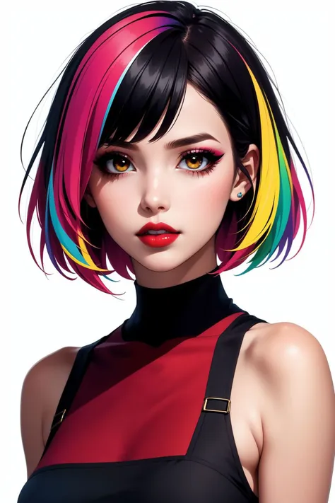 a woman with a colorful hair and a black top