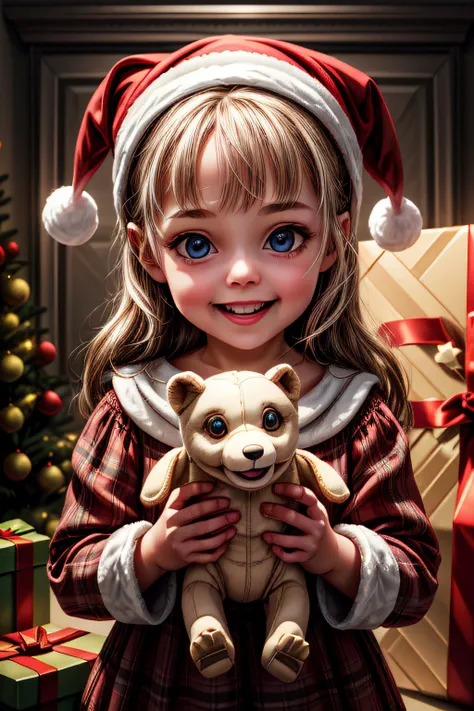 A little girl holding a brand new dolly that is her christmas present, beaming, rim lighting, christmas, <lora:Detail Slider V2 By Stable :1>