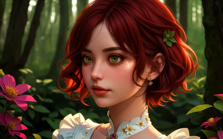 cute woman, (elegant, beautiful face), transparent white dress, forest moss, flowers feld, curly red hair, magical atmosphere, (short hair), ((detailed skin, skin texture)), ultradetailed (intricately detailed, fine details, hyperdetailed), raytracing, sub...