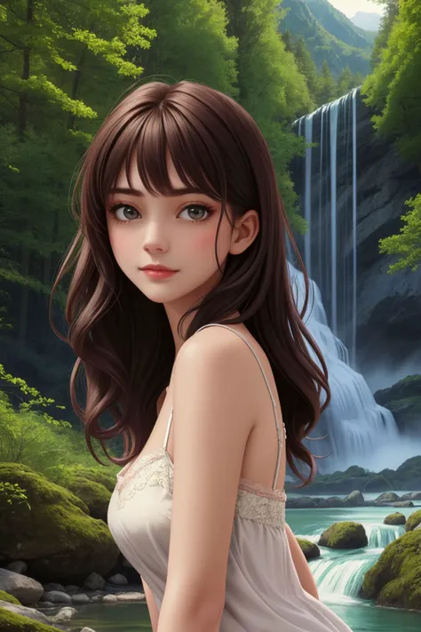 1girl, solo, female, Pleased facial expression
The Lace-Trimmed Camisole: Wearing a camisole with delicate lace trim, creating a romantic and feminine look
A forest scene with a towering waterfall in the background
beautiful, detailed, best quality, high r...