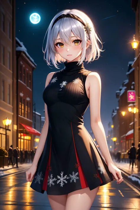 masterpiece,best quality,highres,ultra-detailed,aaginko,short hair,bangs,hair between eyes,black hairband,snowflake hair ornament,black choker, sora ginko,night,street,standing,sweater dress,(turtleneck:1.2),(sleeveless:1.2),OverallDetail