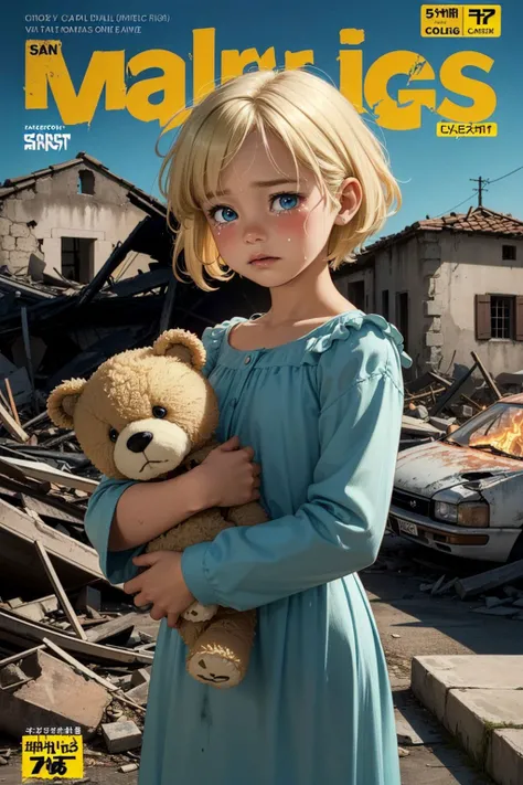 (medieval village:1.4), (war, destruction, flames and ruins in the background), sadness, tears, emotional, dramatic, 
anime, comic, masterpiece, detailed, high quality, sharpness, 8k, (comic cover style:1.4)
blond blue-eyed 5 years old child girl crying, s...