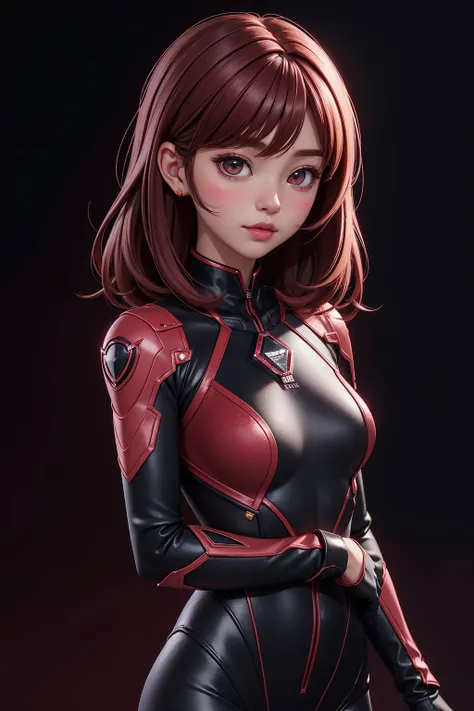 1girl, star eye, blush, perfect illumination, distinct, (bishoujo:1.1), unreal engine, sidelighting, (bright skin:1.3), idol, ulzzang-6500-v1.1, soft smile, upper body, ((dark red hair)), (simple background), ((dark background)), (depth of field), black bo...