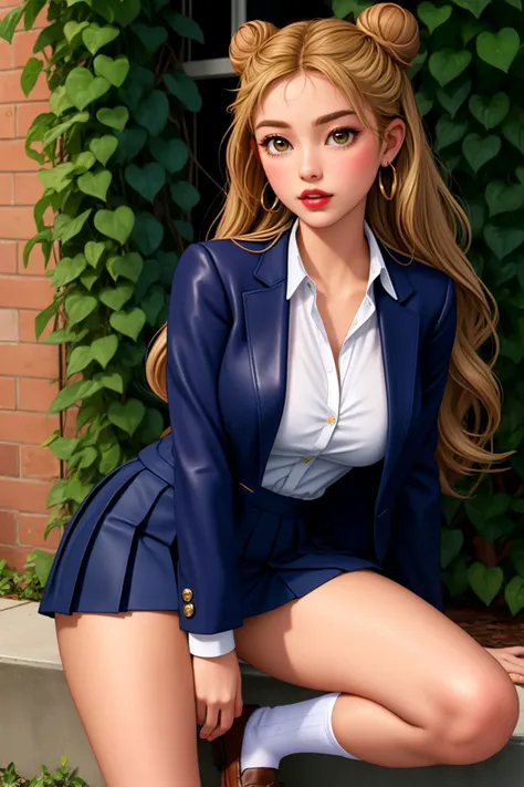 1girl, masterpiece, high quality, 8k, high resolution, perfect art, Navy blue blazer, white button-up shirt, red pleated skirt, knee-high socks, and leather loafers, Temptress, Tall, Fit, Round Face, Olive Skin, Honey Blonde Hair, hazel Eyes, Narrow Nose, ...