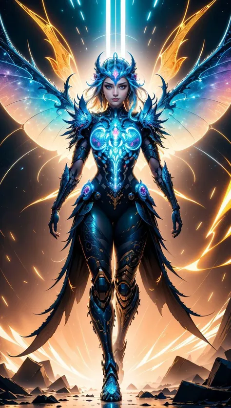 (best quality, masterpiece, colorful, dynamic angle, highest detailed)upper body photo, full body photo, fashion photography of cute mechangel, glowing 4 wings, solo, glowing armor, glowing halo, building, glowing mechanical 4 wings (intricate details, hyp...