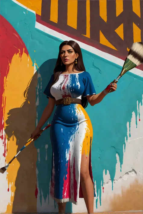 Mexican Muralist (Mid 20th Century): A (pretty young woman:1.1) with free-flowing dark hair, deep brown eyes, bronze skin, wearing a colorful (work dress:1.2), covered in paint, (paintbrushes:1.1). She paints on a vast wall in a public space, surrounded by...