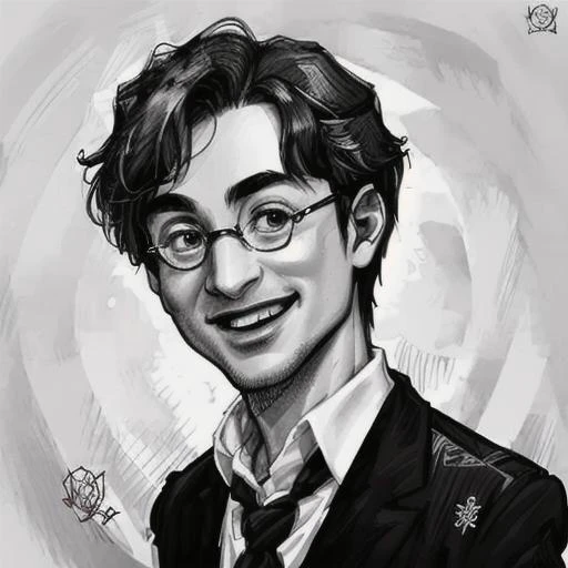 harry potter in red suite and floral tie, wicked smile, black and white caricature art style, dark background, realistic, handsome,<lora:CaricatureStyle-000005:1>