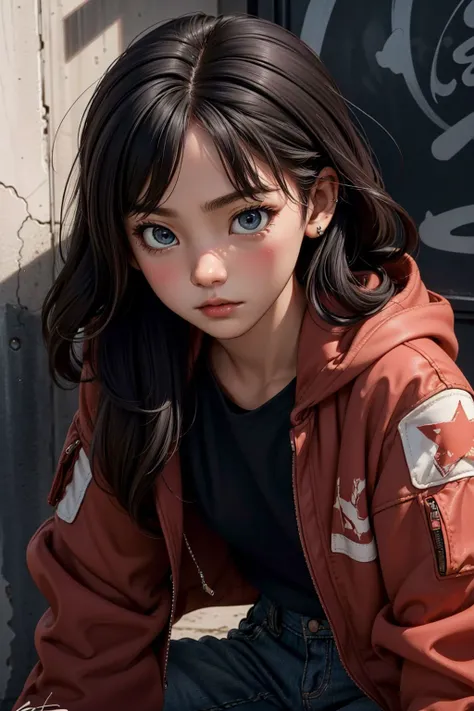 captivating presence, fierce resolve, BREAK, setting: urban grit, graffiti adorned walls, rebellious ambiance, BREAK, action: poised stance, ready for action, BREAK, details: piercing eyes, determined expression, signature red jacket, BREAK, overall result...