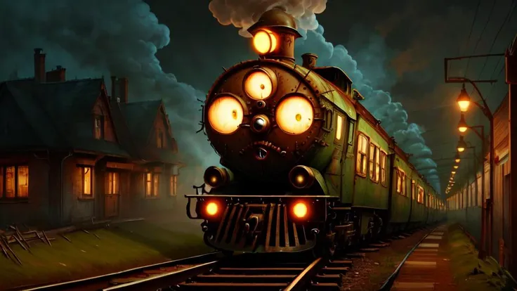 a ghost train by night on an abandoned railroad 
<lora:ManyEyedHo(r:1.3)rorAI:0.65> ManyEyedHorrorAI  <lora:funnyCreatures:0.1> fantz monster design