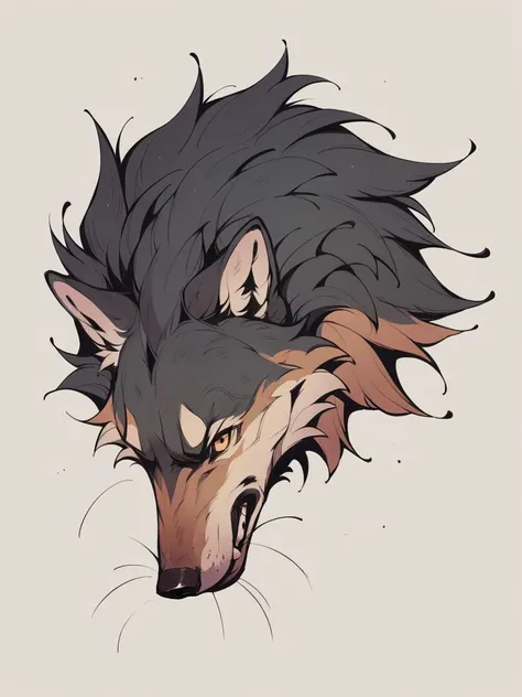 a drawing of a wolf with a long mane and a big face