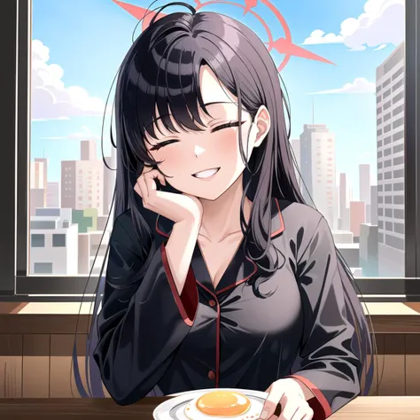 masterpiece, (best qulaity:1.3), 8K, wallpaper, depth of field, beautiful detailed eyes, (1girl, ichika ba, long hair, black hair, (halo, closed eyes:1.2), smile, teeth, smile, medium breast, upper body, sitting, hand on chin, looking at viewer, straight-o...