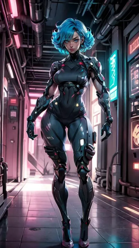 a woman in a futuristic suit standing in a hallway