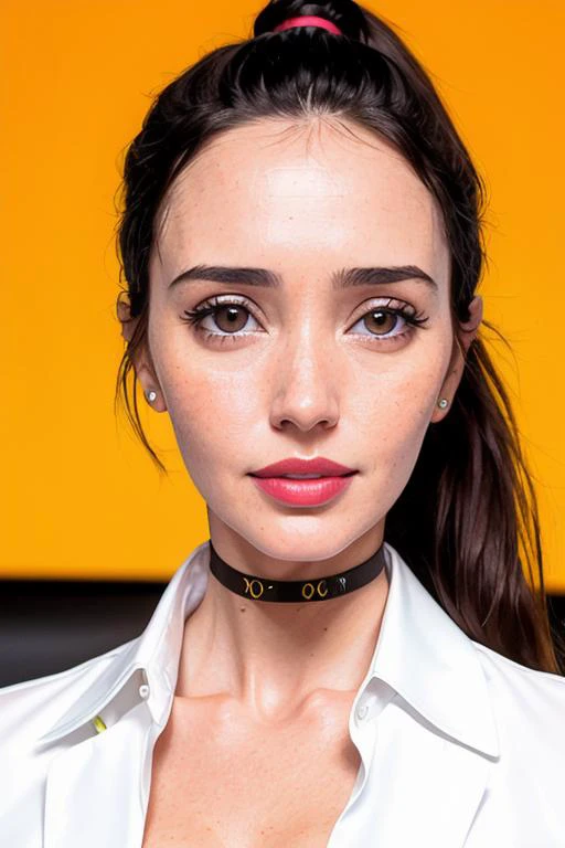 (photo of saraml:0.99), a woman, ((closeup, portrait)), ((indoors, business conference room)), (wearing business suit, collared shirt, choker), (lipstick, eyeliner, eye shadow), (pale skin), slight smile, (ponytail), ((detailed eyes, detailed face))(master...