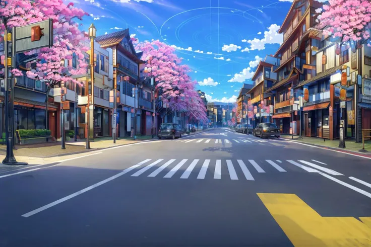 (masterpiece:1.2),best quality,PIXIV,blue archive background,
no humans,scenery,road,sky,ground vehicle,street,outdoors,building,motor vehicle,cloud,car,tree,day,sign,cherry blossoms,crosswalk,blue sky,lamppost,architecture,east asian architecture,city,pav...