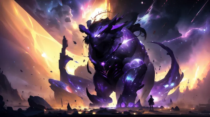 a purple and black dragon with a purple flame in the background