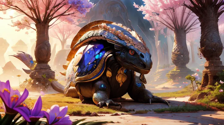 a close up of a turtle in a fantasy setting with flowers