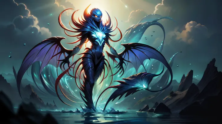 a woman with a dragon like body and wings standing in the water