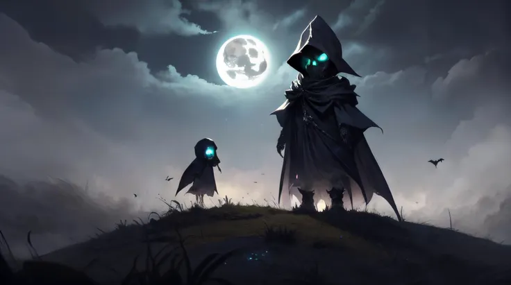 two people in costumes standing on a hill under a full moon