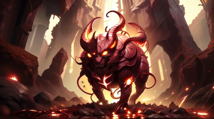 a close up of a demonic creature in a cave with fire