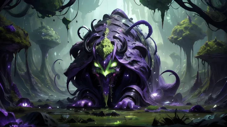 a close up of a giant purple creature in a forest