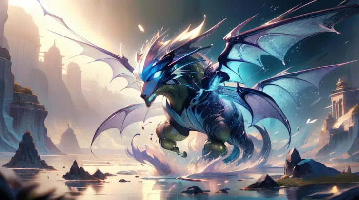 a close up of a dragon flying over a body of water