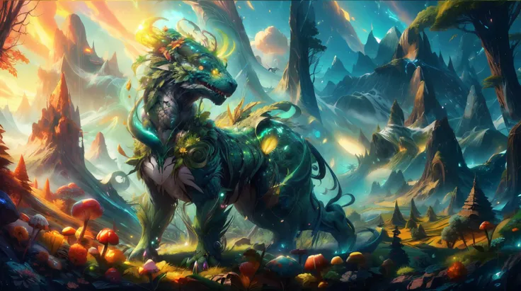 a close up of a painting of a dragon in a forest