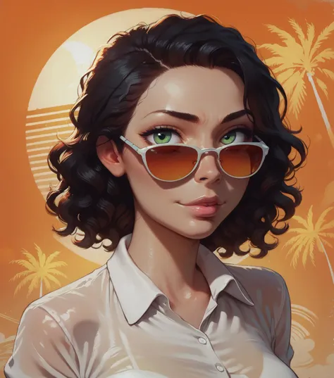 score_9, score_8_up, score_7_up, 1girl, black hair, short wavy hair, green eyes,
petite body, medium breasts,
(smile:0.40), (seducive look:0.7), 
white shirt, sunglasses, 
thick outlines, detailed skin, orange intricate background, abstract background, pal...