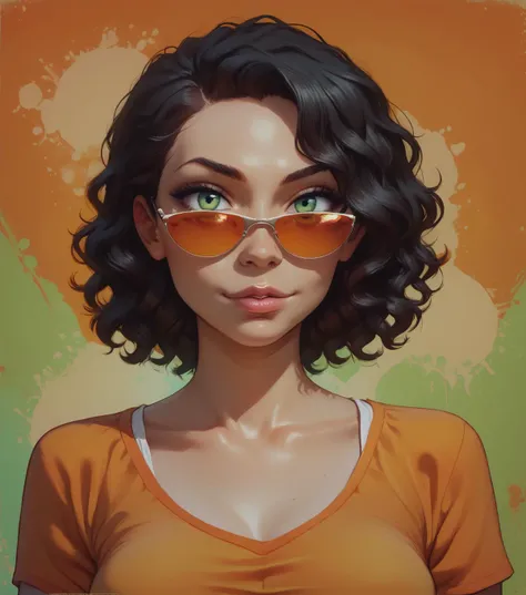 score_9, score_8_up, score_7_up, 1girl, black hair, short wavy hair, green eyes,
petite body, medium breasts,
(smile:0.40), (seducive look:0.7), 
shirt, sunglasses, 
thick outlines, detailed skin, orange intricate background, abstract background, geometric...